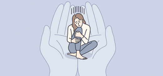 Illustration einer traurig wirkenden Frau in schutzsuchender Haltung, die in zwei geöffneten, stilisierten Händen sitzt – Symbol für Achtsamkeit, Selbstfürsorge und emotionale Unterstützung in Zeiten von Trauer oder seelischer Belastung.