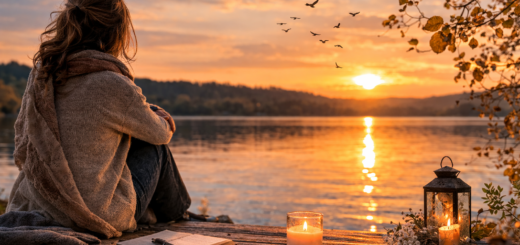 Frau sitzt nachdenklich am See bei Sonnenuntergang, Kerze und Notizbuch neben sich – Symbolbild für Trauer, Verlust und den Weg, mit Trauer zu leben.