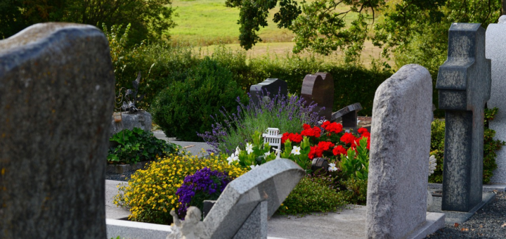 Gepflegtes Grab mit Blumen und Grabstein in ruhiger Friedhofsumgebung als Ort des Gedenkens und der Trauerbewältigung.