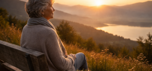 Ältere Frau sitzt auf einer Bank in der Natur und blickt ruhig in einen warmen Sonnenuntergang über Hügel und See – symbolisch für Frieden, Akzeptanz und Gelassenheit im Umgang mit dem Lebensende.