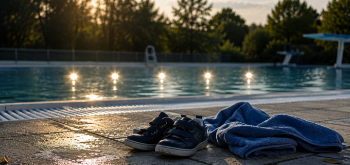 Leeres Schwimmbad mit Kinderschuhen und Handtuch am Beckenrand sowie fünf Lichtreflexen auf dem Wasser als Symbol für Tegshes Organspende.